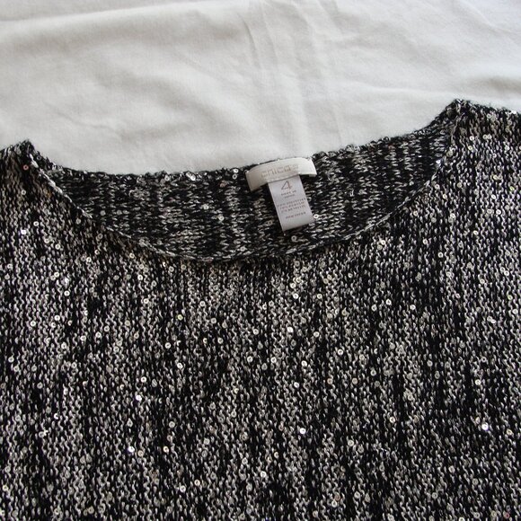 CHICO's Black & Silver 3/4 Sleeve SEQUIN Trim SCOOP Neck SWEATER Sz 4 - Picture 4 of 7